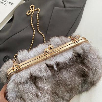 Luxury Soft Plush Evening Bags For Elegant Women Fox Fur Dinner Party Clutch Chain Crossbody Winter Warm Luxury Designer Handbags