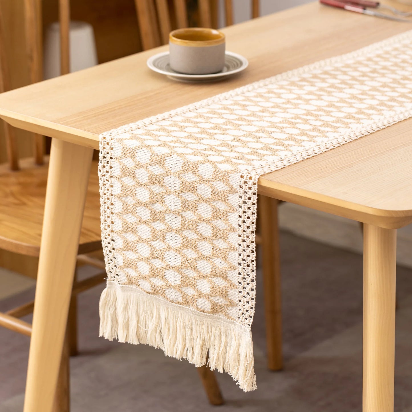 Rustic Burlap Table Runner with Crochet Lace Edge for Farmhouse Dining