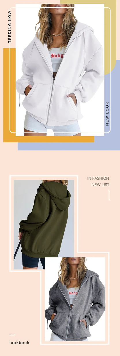 Women's Cotton Blend Hooded Sweatshirt With Zipper And Drawstring Pocket Long Sleeve