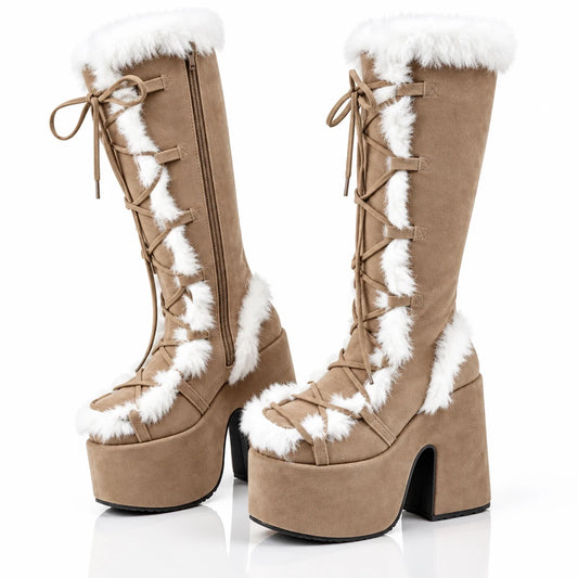 Tan platform boots with white faux fur trim, lace-up front, side zipper, and thick block heels.