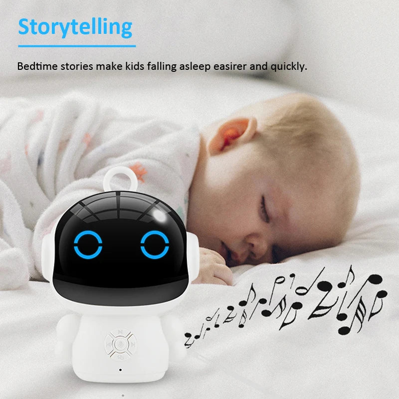 White and black plastic interactive education robot toy with glowing blue eyes for reading bedtime stories to children.