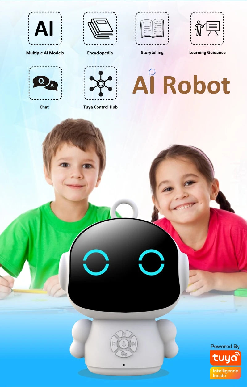 White plastic education robot with blue screen eyes and voice interaction for interactive learning.