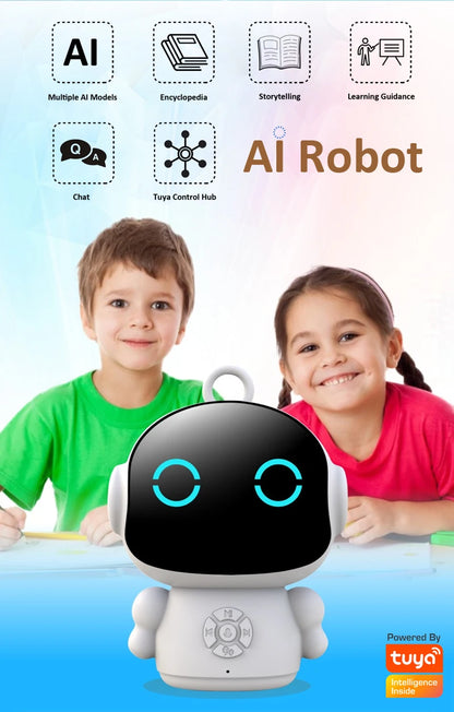 White plastic education robot with blue screen eyes and voice interaction for interactive learning.