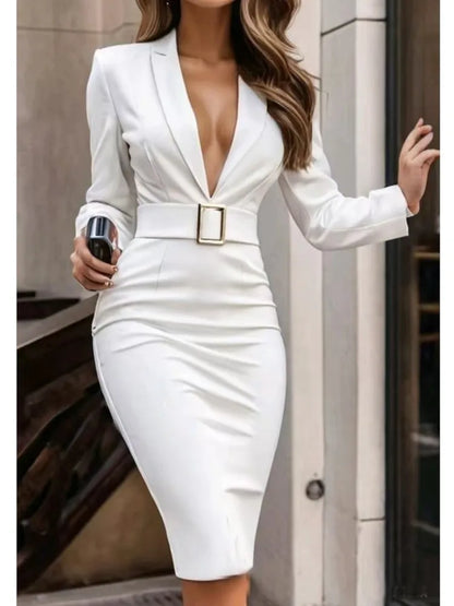 Elegant Deep V-Neck Suit Dress - Long Sleeve High Waist Office Dress with Sashes