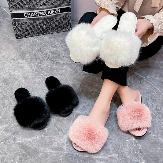 New Woman Slippers Winter Simple Word Fur Flats Soft Home Women Slippers Faux Fur Warm Bedroom Leisure Female Shoes
