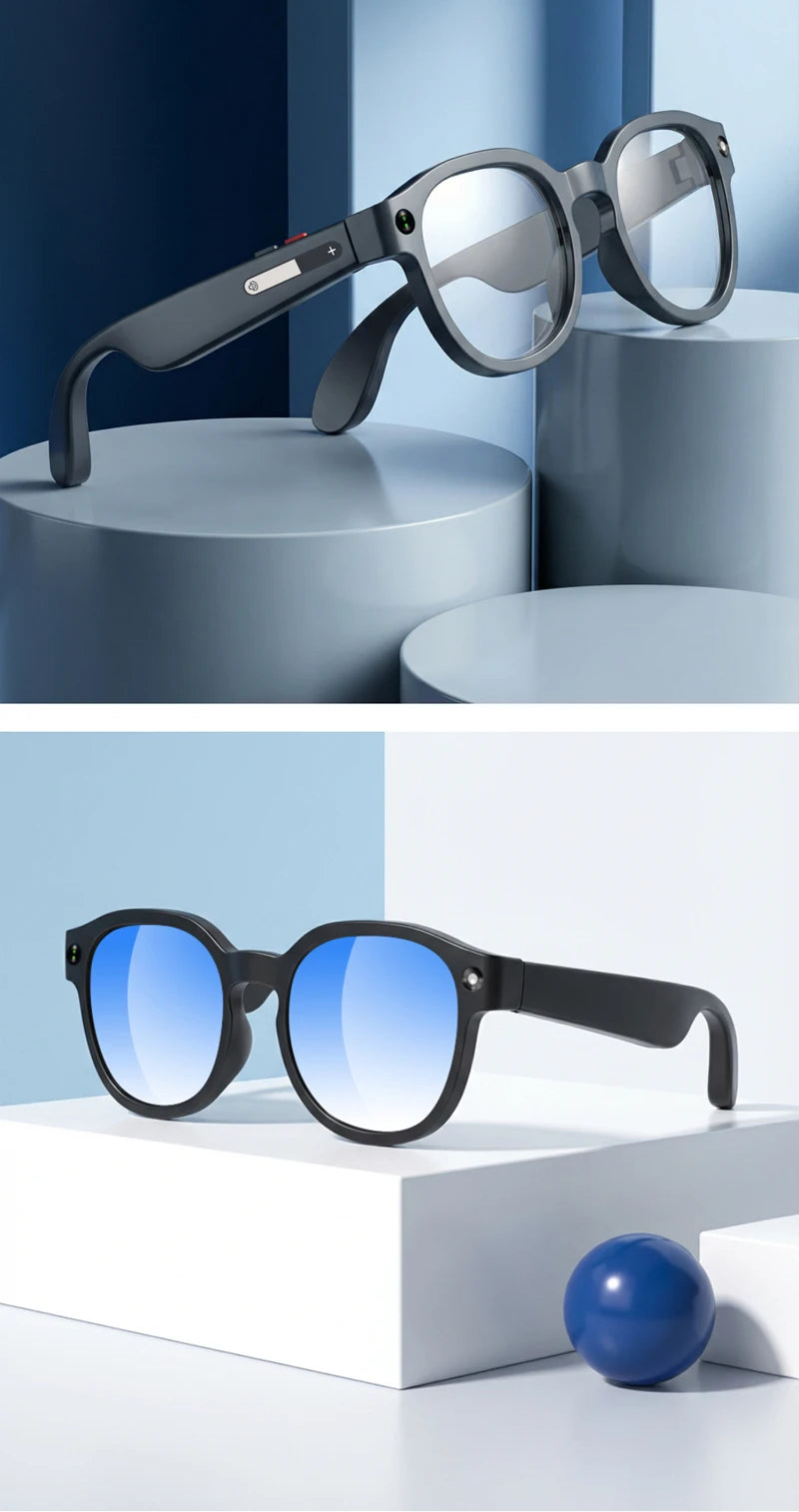 Matte black lightweight smart wearables with an integrated camera for translation on the go.