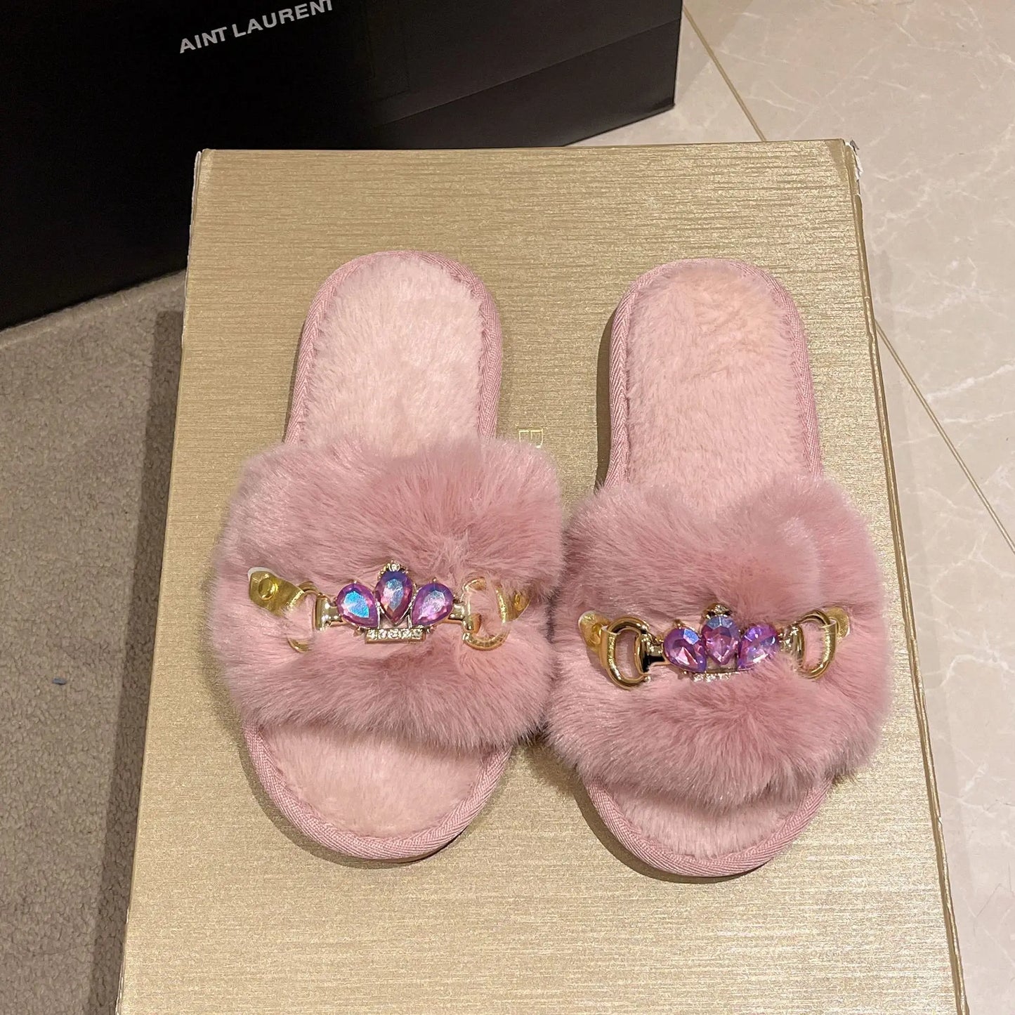 Embellished Crystal Chain Slippers with Winter Warmth Anti Slip Grip