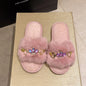 Embellished Crystal Chain Slippers with Winter Warmth Anti Slip Grip