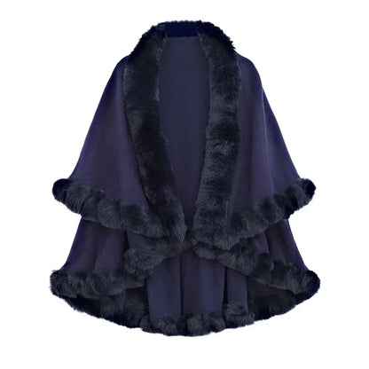 Double Layer Faux Fur Trim Womens Knitted Poncho Shawl Warm Cape Multiple Colors Ideal for Fall and Winter Daily and Formal Wear