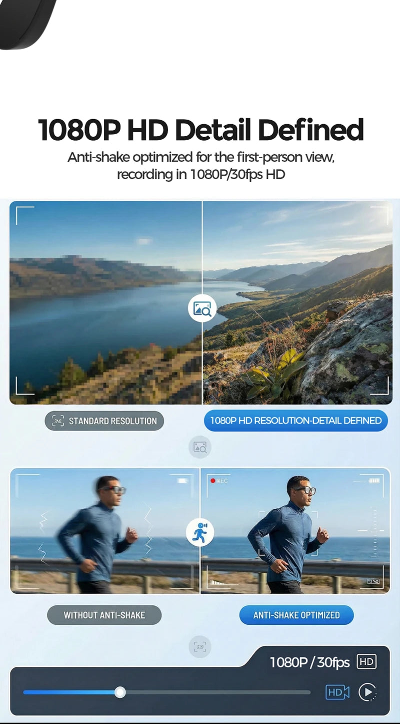 Black lightweight smart wearable glasses with 8MP camera recording stable 1080p video during a run.
