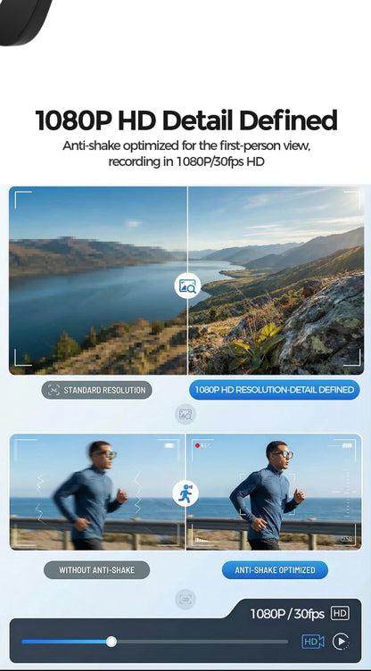 Black lightweight smart wearable glasses with 8MP camera recording stable 1080p video during a run.