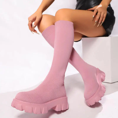 Designer Chunky Platform Knit Sock Boots - Thick Bottom Knee High Boots for Women
