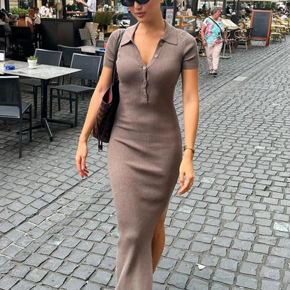 Breathable Silk Blend Maxi Dress With Turn Down Collar For Resort Wear