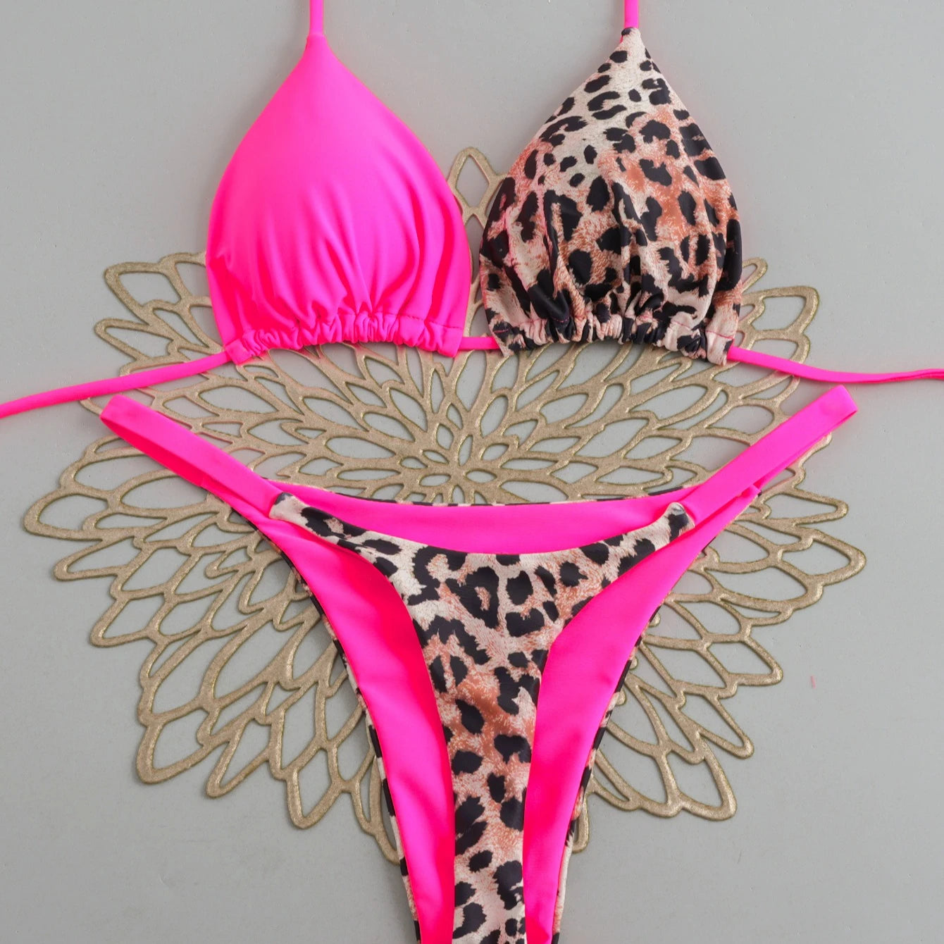 Women's Triangle Lace-Up Bikini Set with Adjustable Straps and Thong Bottom