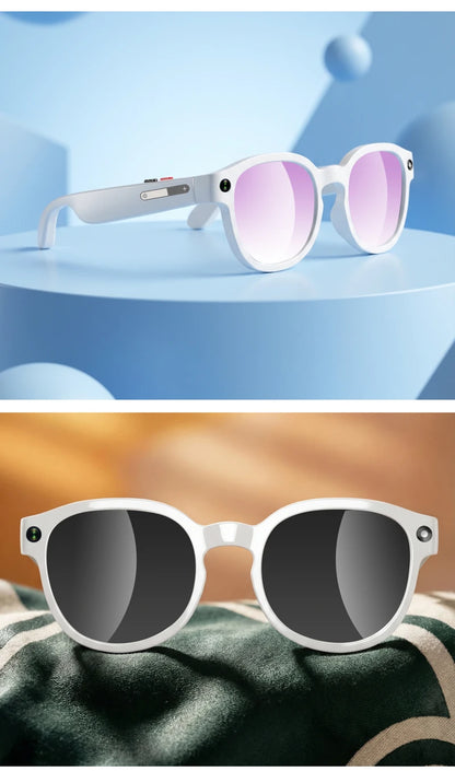 White lightweight smart wearables with built-in camera and lenses for real-time translation during travel.