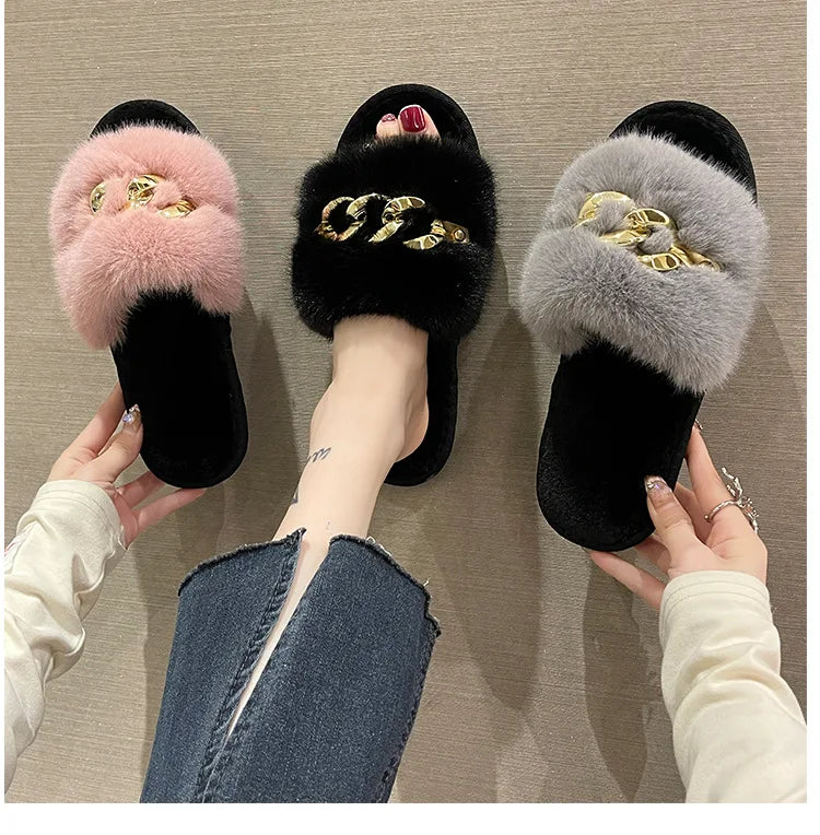 Plush Slippers for Women with Chain Detail and Cushioned Sole