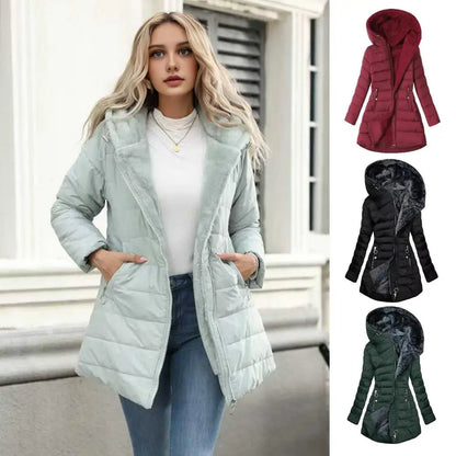 Women's long hooded puffer coat with full zip and pockets