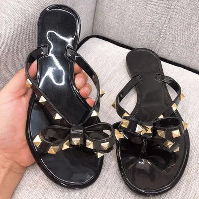 Studded Flat Bot Thong Slippers Holiday Beach Sandals Women's Jelly Slip-On oes Comfortable Casual PVC Footwear