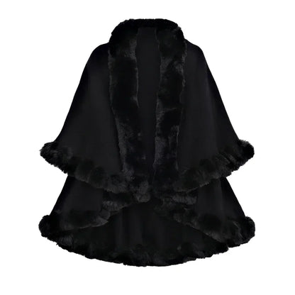 Double Layer Faux Fur Trim Womens Knitted Poncho Shawl Warm Cape Multiple Colors Ideal for Fall and Winter Daily and Formal Wear