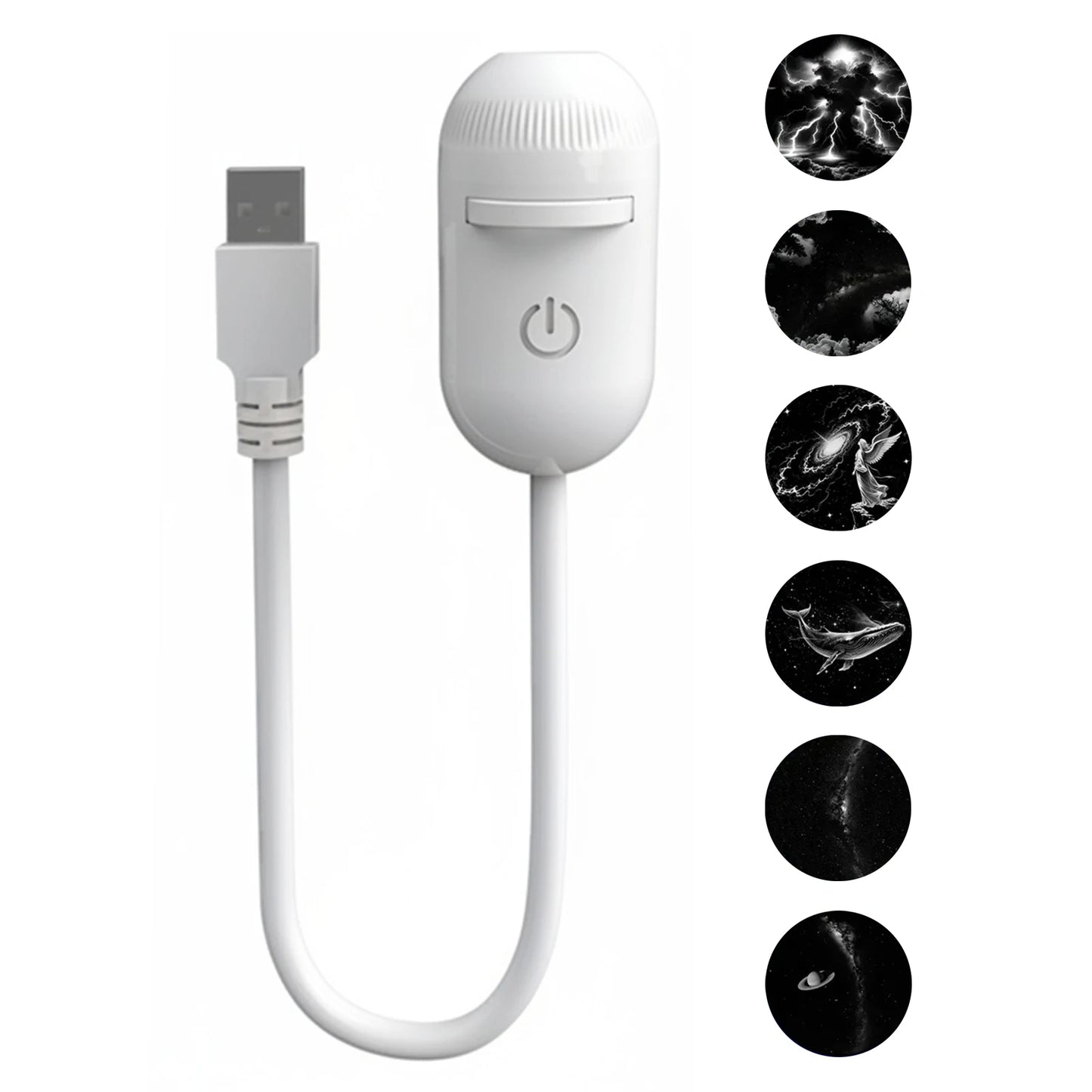 White plastic USB LED projector with adjustable focus for bedroom ambient lighting.