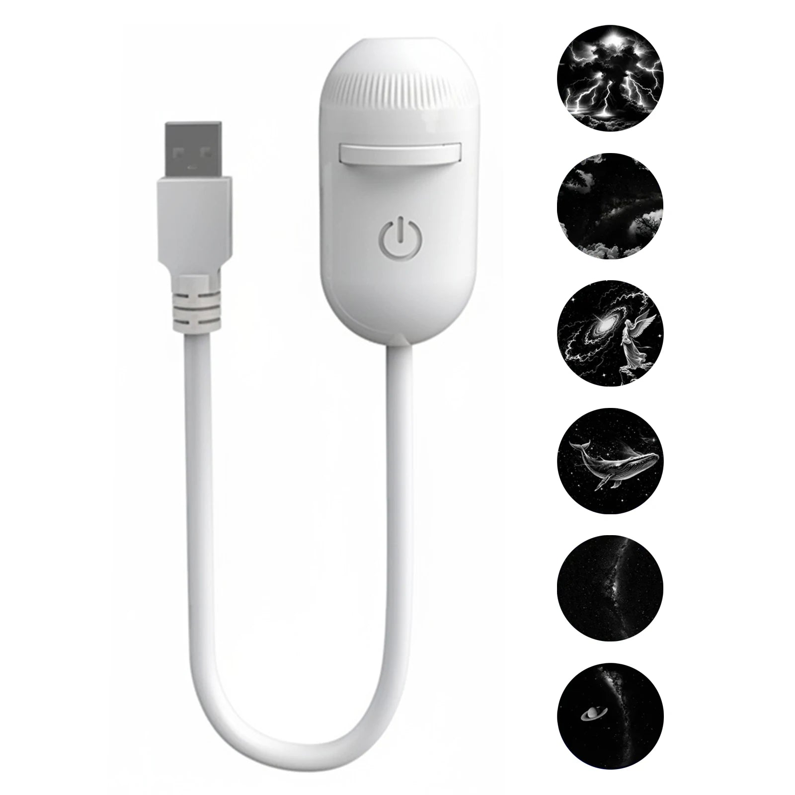 White plastic USB LED projector with adjustable focus for bedroom ambient lighting.