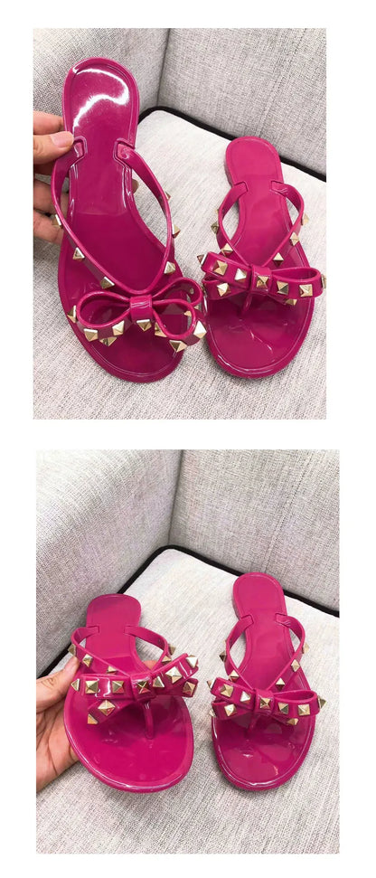 Studded Flat Bot Thong Slippers Holiday Beach Sandals Women's Jelly Slip-On oes Comfortable Casual PVC Footwear