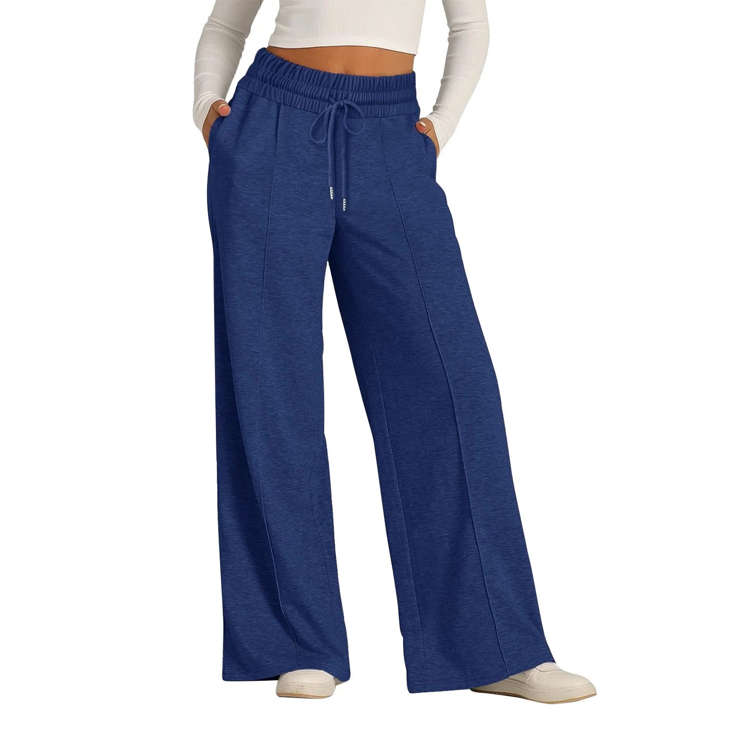 Blue fleece-lined high waist wide leg pants with a drawstring, worn for warm casual daily outfits.