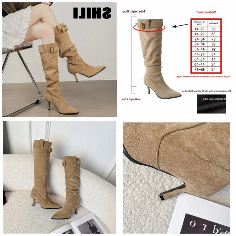Tan suede pointed-toe tall boots with a high heel, slouchy shaft, and buckle strap detail.
