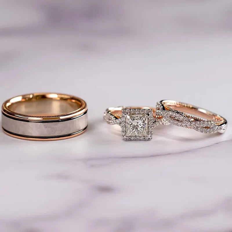 Rose Gold Zircon Ring Set for Engagement and Wedding Celebrations