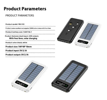 Solar Power Bank 20000mAh - Portable Fast Charging Outdoor Power Bank with Removable Cable
