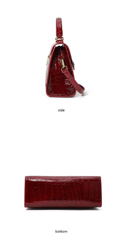 Red glossy crocodile-pattern leather handbag showing side and bottom views.