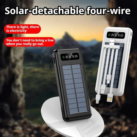 Solar Power Bank 20000mAh - Portable Fast Charging Outdoor Power Bank with Removable Cable