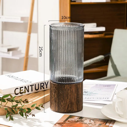Crystal Glass Vase With Solid Wood Base In Modern Style With Slim Profile For Centerpiece Display