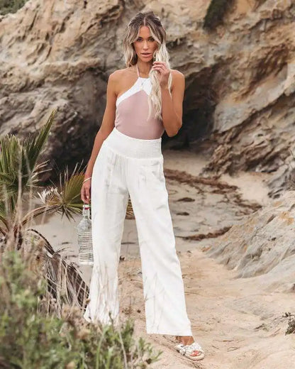 Women's Nylon-Cotton Blend Pants With Drawstring Wide-Leg And Mid Rise Breathable