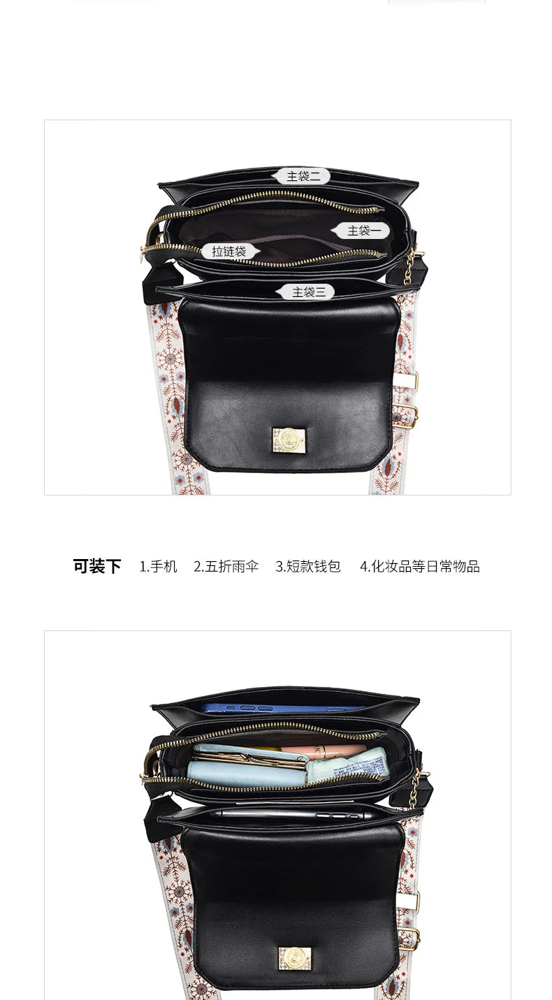 Black multi-compartment leather shoulder bag with a patterned strap and labeled interior compartments.