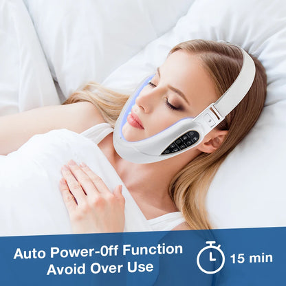 White, adjustable LED facial lifting device with anti-aging photon light worn for a relaxing skin treatment in bed.
