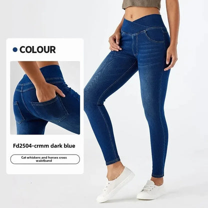 Cross Waist Yoga Jeans High Waist Skinny Ankle Length With Pockets