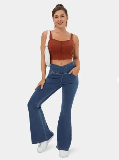 Stretch Pants High Waisted Crossover Flare with Bootcut Silhouette