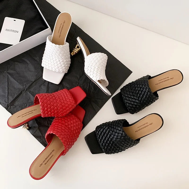 Woven Kitten Heel Sandals Open Toe With Sheepskin Cushioned Insole