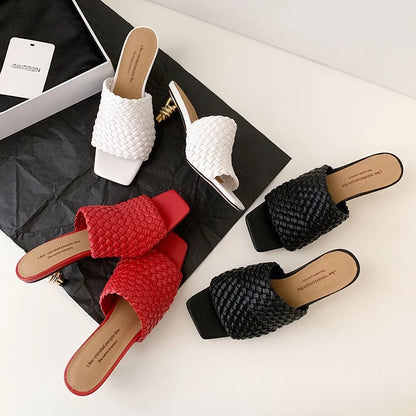 Woven Kitten Heel Sandals Open Toe With Sheepskin Cushioned Insole