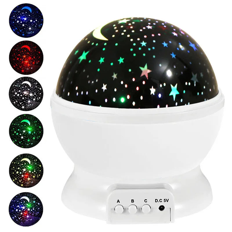White dome-shaped LED galaxy projector with rotating star and moon patterns for bedroom ambiance.