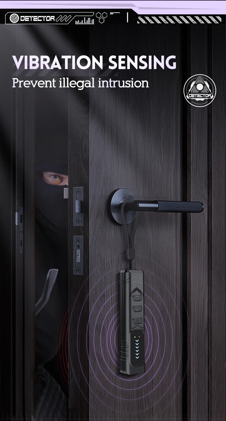 Black smart camera detector with a lanyard, hanging from a door handle with vibration sensor waves.