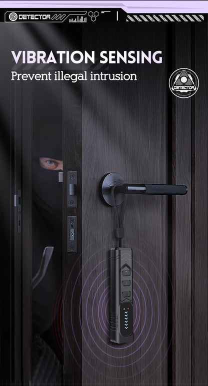 Black smart camera detector with a lanyard, hanging from a door handle with vibration sensor waves.