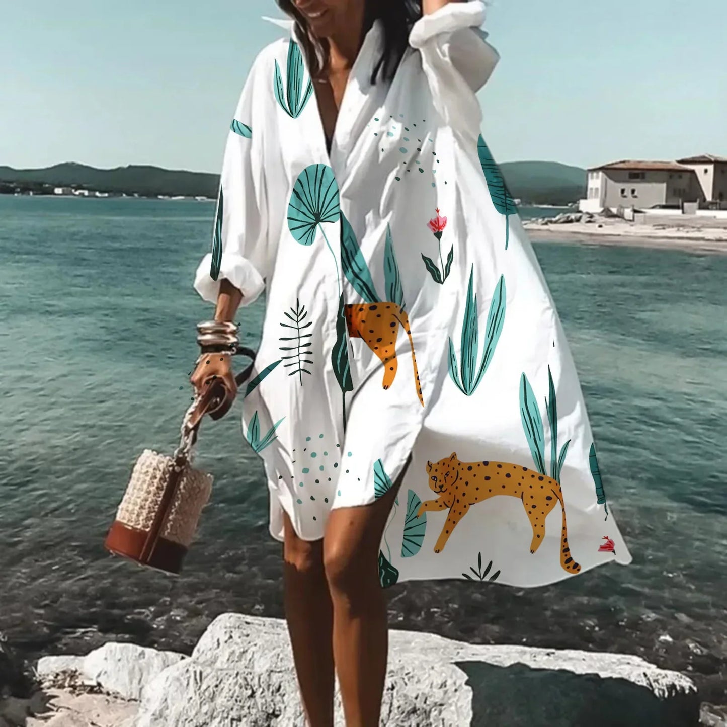 Women's Boho V-Neck Beach Cover-Up with Long Sleeves