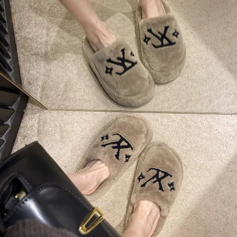 Warm Slippers for Women Indoor Non Slip Plush Traction Rubber Sole With Wedge Heel