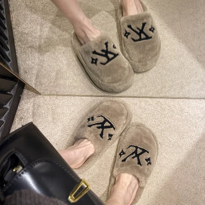 Warm Slippers for Women Indoor Non Slip Plush Traction Rubber Sole With Wedge Heel