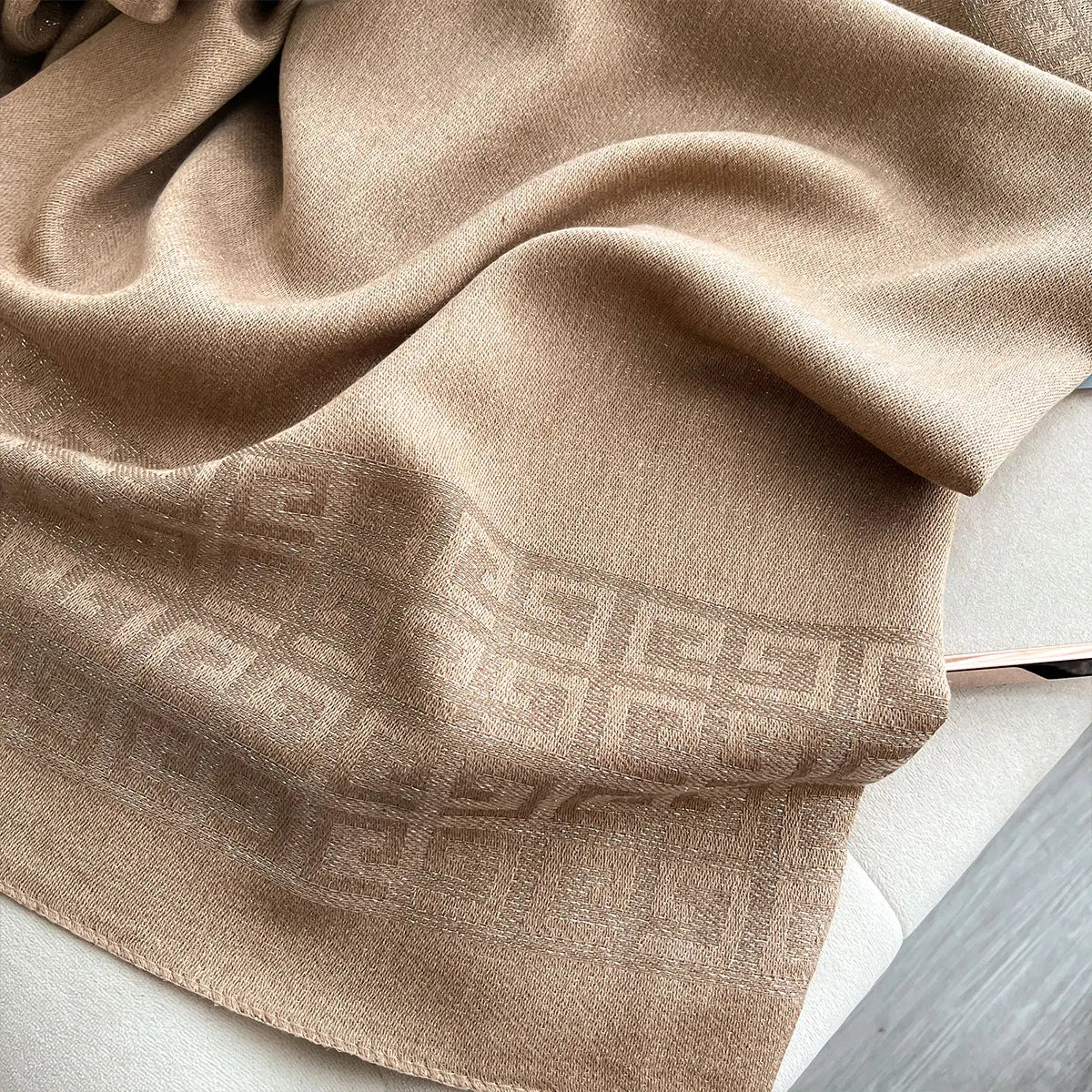 Sun-Protective Hijab Scarf with Golden Thread Accents for Styling