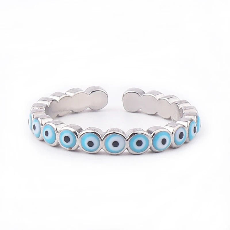 Adjustable Ring with Blue Evil Eye Open Copper Gold Tone Zircon Accent