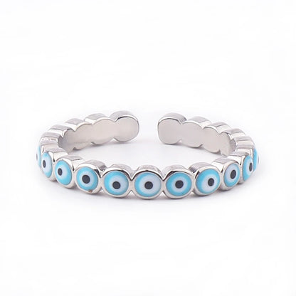 Adjustable Ring with Blue Evil Eye Open Copper Gold Tone Zircon Accent