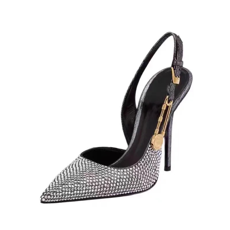 Sequined Slingback Pumps with Rhinestone Buckle for Women featuring Slim 9.6 cm Heel